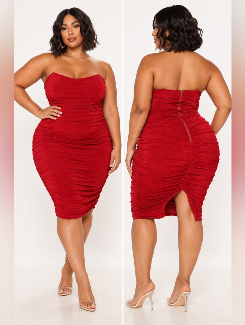 Fashion Nova Red Strapless Ruched Bodycon Midi Dress